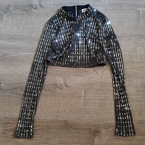 SUPERDOWN Black & Silver Sequin Crop Top - Size Small